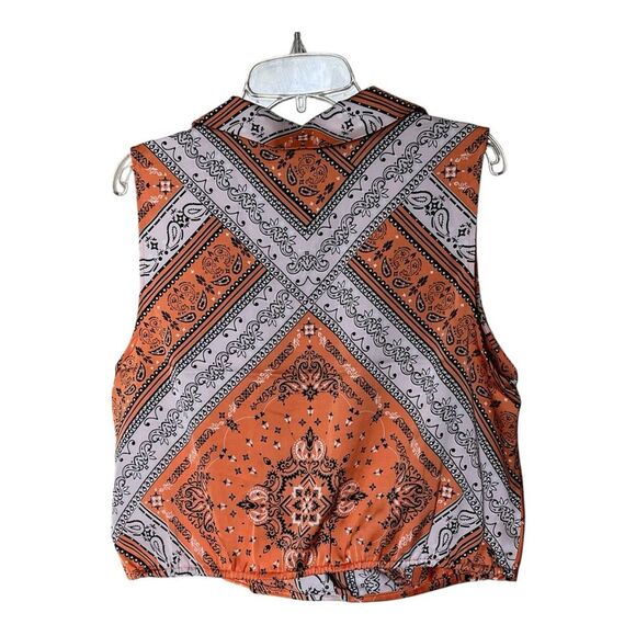 Rachel Zoe Orange/Black Paisley Faux Wrap Sleeveless Cropped Blouse Size Medium - Picture 2 of 9